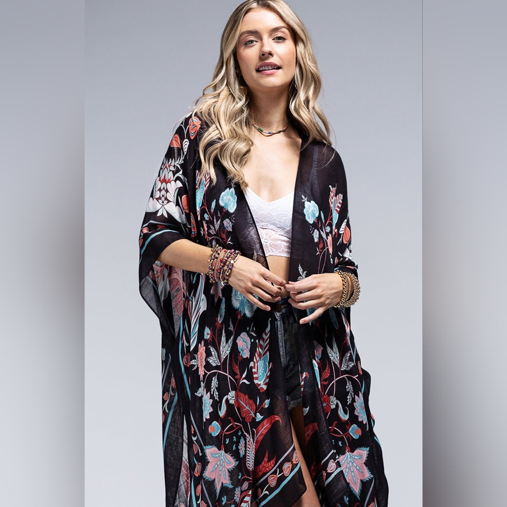 Teal & Black / Leaf & Flower Print Kimono - Lightweight Silky Material - NEW!!!